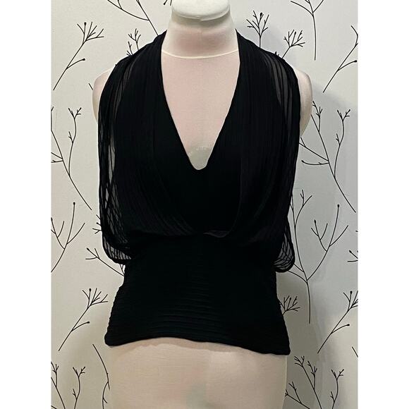 BCBGMAXAZRIA Black 100% Silk Halter Top Sheer SIZE 8 Flowy Deep V Sexy Open Back - Picture 2 of 8
